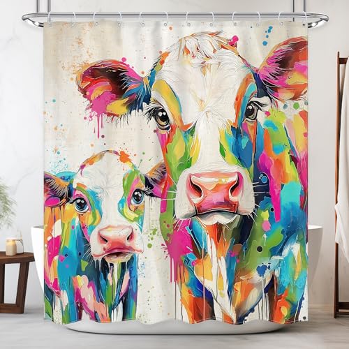 Newsely Farmhosue Highland Cow Shower Curtain 60Wx72L Inch White Background Color Oil Painting Cows Rustic Western Animal Bathroom Set Colorful Waterproof Bath Decoration Accessories Home Decor - color: C-01cow, size: 60"W x 72"L (Pack of 1)