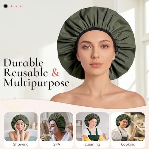 Extra Large Shower Cap for Women, Reusable Waterproof Shower Bonnet with Satin Lining, Double Layer Washable Bath Hair Cap for Braids, Locs, Long Thick Curly Hair, Natural Hair(Big Green) - color: Green