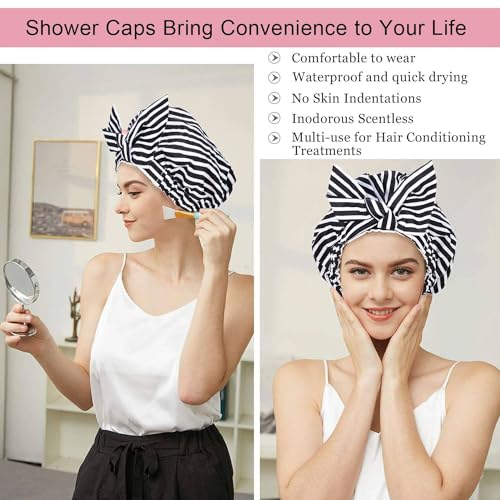 Luvruitaky Shower Cap Luxury Shower Caps for Women Reusable Waterproof Hair Cap for Shower with Adjustable Bowknot Hair Bath Cap (Black Stripe) - color: Black Stripe