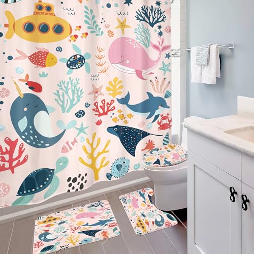 4 PCS Pink Kids Bathroom Set Summer Ocean 72Wx72H Shower Curtain Set Bath Rug Toilet Lid Cover, Nonslip U Shape Mat Whale Funny Cartoon Cute Animal Accessories 12 Hooks Bathroom Decor - color: A 03 Pink, size: 72"W x 72"L (Pack of 4)