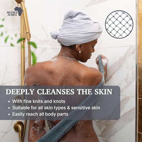 MOTHER AFRICA African Net Sponge Authentic with Knots 2 Pack Black Owned Exfoliating Body Scrubber Bath Sponge for Shower Washcloth Loofah Gentle Deep Cleansing Back Scrubber Face & Body Men & Woman - color: Grey & Black