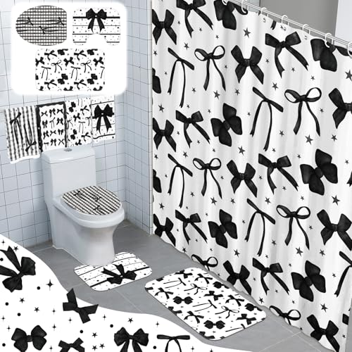 FuWeave 8 Pcs Black Shower Curtain Set Aesthetic Bow Knot Bathroom Decor Pretty Coquette Waterproof Shower Curtain Modern Minimalist Towels Non Slip Rug Toilet Lid Cover Bath Mat with 12 Hooks - color: Black Bow