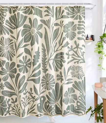 RoomTalks Vintage Floral Faux Linen Shower Curtain Extra Long 78 Inches - 210GSM Heavy Duty Modern Farmhouse Matisse Flowers Plants Botanical Shower Curtain Set Aesthetic Bathroom Decor - color: Beige and Greenish, size: 72"W x 78"L (Pack of 1)