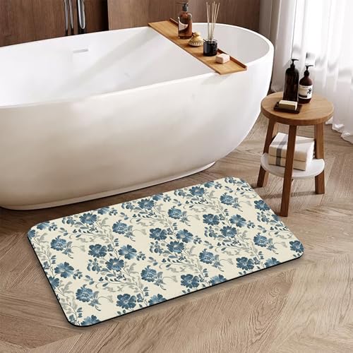 Blue Beige Flowers Bathroom Mat, Non Slip Rubber Backed Fast Dry Bath Rug, Thin Bath Mat for Bathroom Kitchen 17"x30" - color: Blue Beige Flowers