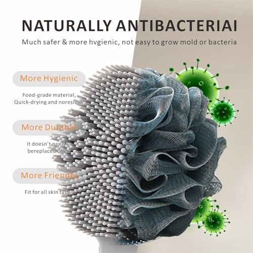 Back Body Scrubber & Face Scrubber for Shower - 15 Inch Long Handle Double Sided Silicone Body Brush for Exfoliation & Massage, Soft Facial Cleansing Brush, Rich Lathering for Deep Cleansing (Gray) - color: Gray