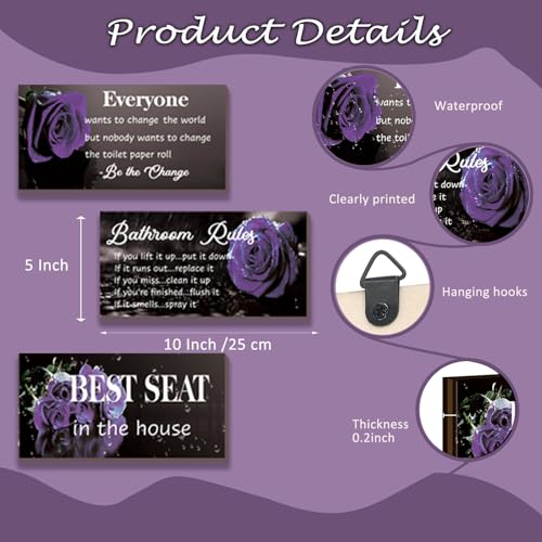 DONFENTHY 3 Pcs Purple Bathroom Rules Decor Rustic Wooden Best Seat in The House Rose Hanging Wall Art Bathroom Accessories for Toilet(Purple 10x5") - color: Purple Rose