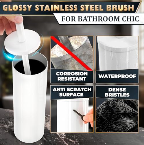 Stainless Steel Toilet Brush and Holder Set White - Long Handle Toilet Bowl Cleaner Brush and Holder - Removable Inner Liner, Shiny Design, Splash Protection & Dense Bristles for Bathroom Cleaning - color: White 2 Pcs