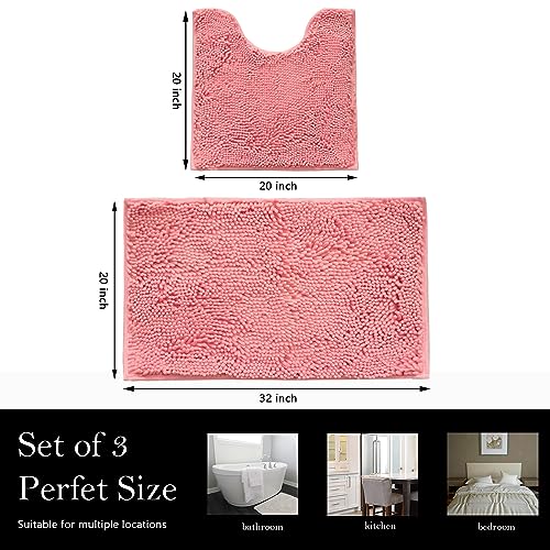 Bathroom Rugs Chenille Bath mat 2 Piece Set, Super Absorbent, Strong PVC Non Slip Backing, Bath mats for Bathroom, Plush Shaggy, Thick, Machine Washable, Bathtub, Shower, Toilet.(Pink) - color: Pink, size: 20''×20''U-Shape+20''×32''