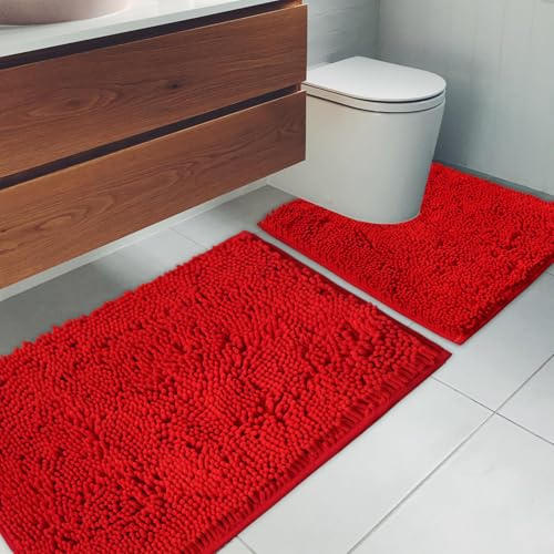 Bathroom Rugs Chenille Bath mat 2 Piece Set, Super Absorbent, Strong PVC Non Slip Backing, Bath mats for Bathroom, Plush Shaggy, Thick, Machine Washable, Bathtub, Toilet.(Red) - color: Red, size: 20''×20''U-Shape+20''×32''