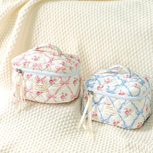 Sminra Makeup Bag Large Travel Quilted Cosmetic Bag Organizer, Floral Cotton Coquette Aesthetic Toiletry Bag Gift for Women Girls (Pink Bow Flowers-L) - color: Pink Bow Flowers-L