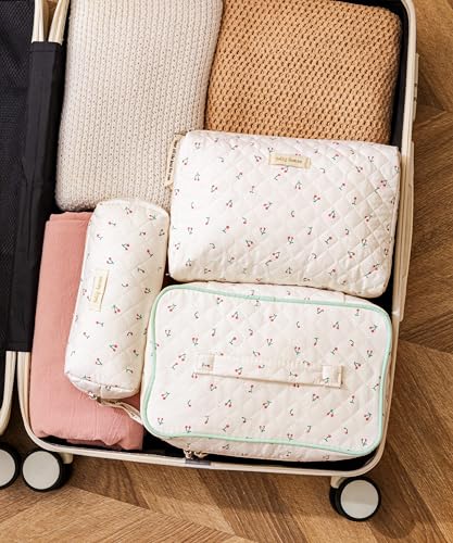 HBselect Quilted Makeup Bag, 3PCS Cotton Large Travel Makeup Bag, Cute Floral Coquette Make up Bag Cosmetic Bag Toiletry Bag for Women Girls - color: A-3PCS-Cherry