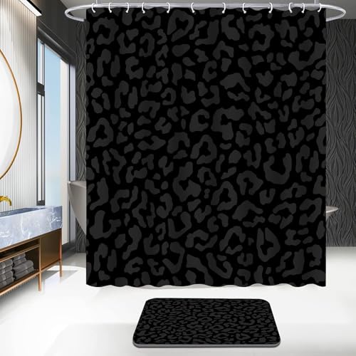 4 PCS Leopard Shower Curtain Cheetah Print Shower Curtain Sets Non Slip Bathroom Rugs Soft Plush Bath Mat Toilet Lid Cover Animal Print Shower Curtain with 12 Hooks for Bathroom Tub, Black - color: Black