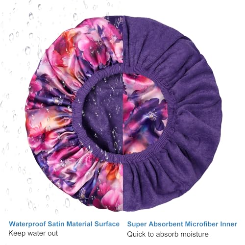 Upgraded Waterproof Terry Shower Caps, Reusable Shower Cap for Women with Long Hair, Soft Absorbent Hair-Protecting Towel Lining Bath Cap, Large Leak-Proof Hair Cap with Fashionable Print Outer-Purple - color: Purple