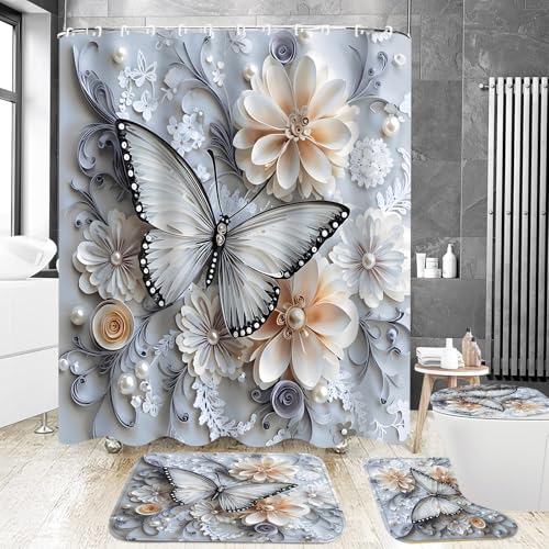 DDQQ 4Pcs Shower Curtain Sets, Blue White Butterfly Bathroom Curtains Shower Set, Bathroom Decor Sets, Shower Curtain for Bathroom with Rugs, Toilet Lid Cover, Bath Mat and 12 Hooks, 71 x 71 Inches - color: Blue and White