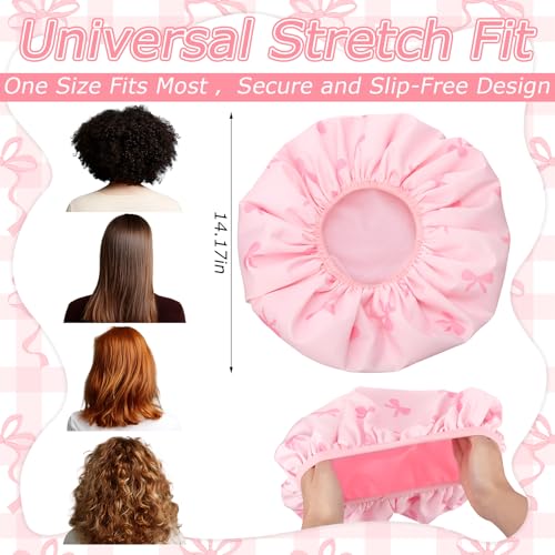 Janmercy Terry Lined Shower Cap for Women Pink Bow Extra Large Waterproof Shower Cap Reusable Double Layer Large Bath Hair Bonnet Washable Quick Dry for Braids Long Straight Curly Hair Women Gifts - color: Flat Bow, style: Pink Bow