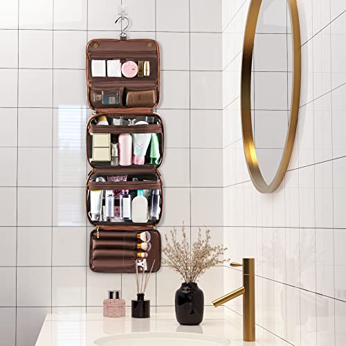 Elviros Hanging Toiletry Bag Removable Travel Bag PU leather Makeup Cosmetic Organizer Kit, Dark Brown - color: Dark Brown, size: 1 Pack