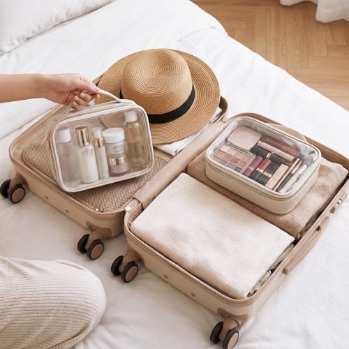 Abbylike 6 Pcs Clear Makeup Bags Bulk 7.9 x 5.9 x 2.4 Inches Quart Size Approved PU Leather Toiletry Bag with Handles Small PVC Clear Travel Cosmetic Case for Women Wedding Bridal Gifts(Beige) - color: Beige