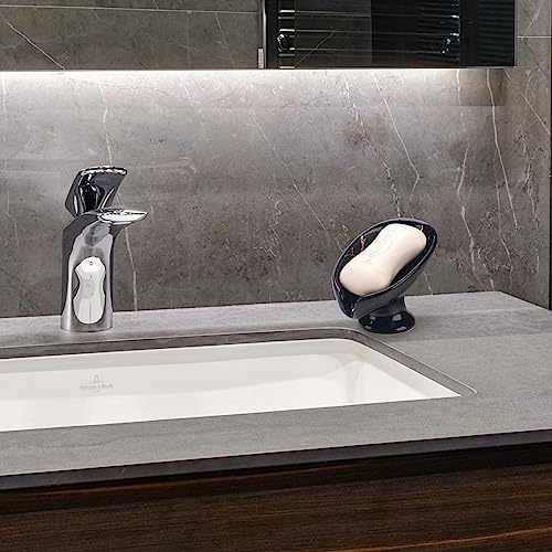Soap Dish, Ceramic Soap Holder, Self Draining Soap Dish Holder, Leaf Shape Soap Bar Holder (Black)
