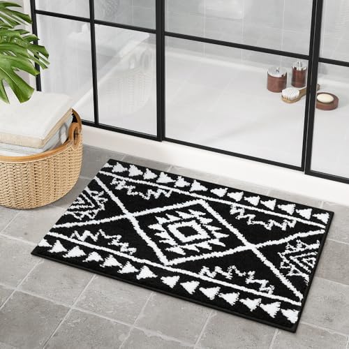 Uphome Black Bathroom Rug Boho Shaggy Soft Bath Rug Western Non-Slip Machine Washable Bathroom Mat Absorbent Geometric Rustic Tribal Shower Rug for Toilet Tub Vanity, 20x32 inch - size: 20x32 inch