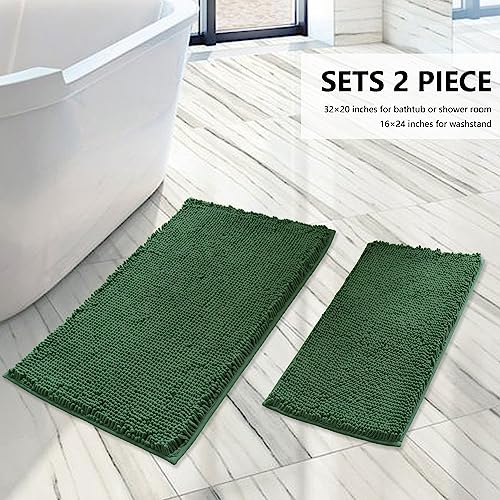 BOANKODU Bathroom Rugs Sets 2 Piece, Extra Soft Chenille Bath Mat Absorbent Bathroom Rug, Bathroom Mat with PVC Non-Slip Bottom, Machine Washable Bath Rugs (32x20 Inch + 24x16 Inch, Dark Green) - color: Dark Green, size: 16" x 24" + 20" x 32" (Rectangular