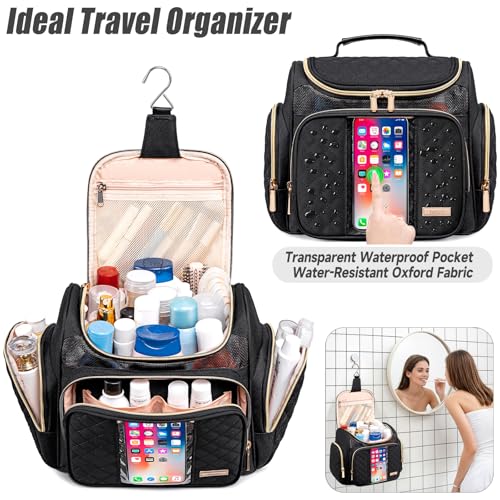 Tealari Large Toiletry Bag for Women Men,Bathroom Bag,Water Resistant Shower Bag,Makeup Bag,Portable Shower Caddy for College Dorm,Hanging Travel Toiletry Bag with Transparent Waterproof Phone Pocket - color: Black-1
