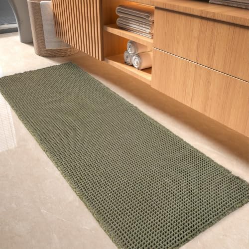 tchdio Waffle Bath Mat-Runner Rug, Super Absorbent Non Slip Bath Mats for Bathroom Machine Washable Long Rugs with Tassels, Bath Rugs for Bathroom Floor Beside Tub, 2' x 4'(24" x 48"), Green - color: Green, size: 24" x 48"