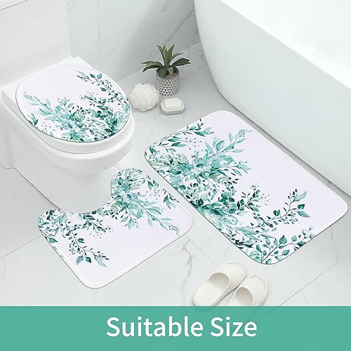 MitoVilla 4 Pcs Teal Blue Eucalyptus Bathroom Sets with Shower Curtain and Rugs, Plant Leaves Shower Curtain Sets for Chic Bathroom Decor, Bathroom Decor Curtain Sets with Mats and Accessories - color: Teal