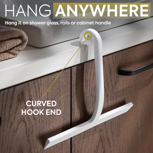 GÜTEWERK Shower Squeegee for Glass Doors – Bathroom Squeegee for Shower Glass & Tile Walls, Streak-Free & No-Squeak Silicone Blade, Stainless Steel Core, Hang Hook + Suction Cup, White, 10 Inch - color: White
