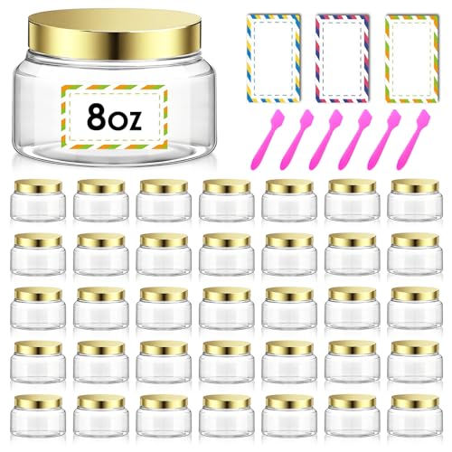 36 Pack 8 oz Plastic Cosmetic Containers With Lids Refillable Clear Empty Travel Jars Containers for Body Butter,Sugar Scrubs,Cream,Lotions,Candy, Waterproof Label&Spatulas - (Gold) - color: Clear-Glod Lid, size: 8 OZ
