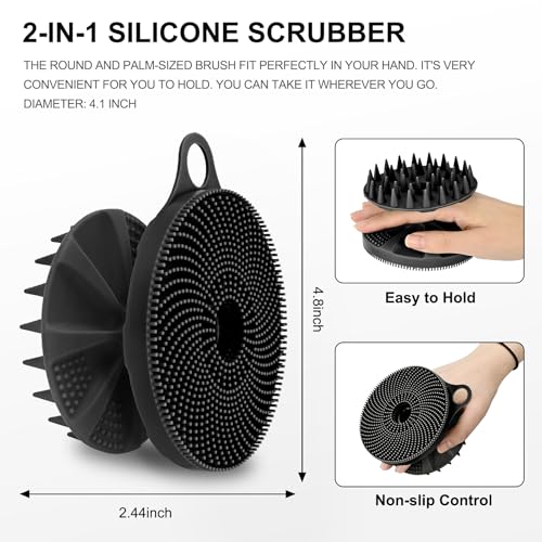 INNERNEED 2in1 Silicone Body Scrubber & Scalp Massager Shampoo Brush, Black | Food-Grade Soft Material, More Hygienic, Easily Lather, Convenient for Travel, Gym, Business,etc - color: Black