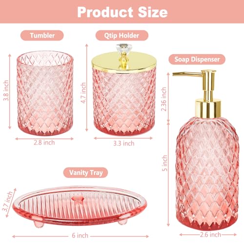Haturi Pink Bathroom Accessories Set, 4 Pcs Glass Bathroom Accessory Set Complete w/Soap Dispenser, Toothbrush Holder, Qtip Holder, Vanity Tray, Gold Bathroom Set Decor, Gift for Girl Home Apartment - style: Light Pink