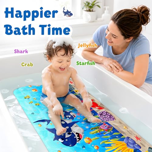 XIYUNTE Baby Bath Mat for Tub Non Slip Kids Bath Mat - 40''x16'' Extra Long Cartoon Bathtub Mat Non Slip Kids Shower Mat Eco-Friendly Toddler Bath Mats with Suction Cups, Machine Washable, Shark - color: B-shark 1