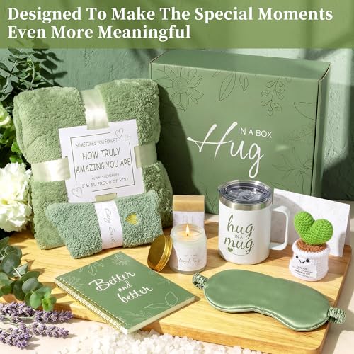 Self Care Package - Get Well Soon Gift Basket for Women & After Surgery Recovery, 11pc Sympathy Feel Better Gift Set with Flannel Blanket & Mug for Mom, Teacher, Wife, Sister, Friend (Green) - color: Green