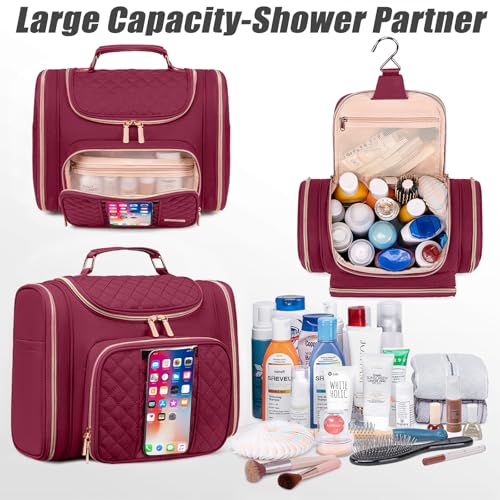 Tealari Large Toiletry Bag for Women Men,Bathroom Bag,Water Resistant Shower Bag,Makeup Bag,Toiletry Bags for Traveling,Hanging Toiletry Bag with Transparent Waterproof Phone Pocket - color: Wine Red
