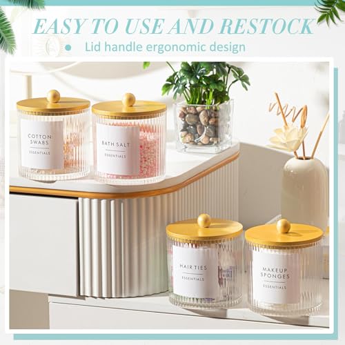 Yaomiao 6 Pcs Ribbed Bathroom Canisters Apothecary Jars with Golden Bamboo Lids and Label Stickers, 18 oz Plastic Canister with Fluted Design for Cotton Ball, Swab, Floss Picks House Storage - color: Golden