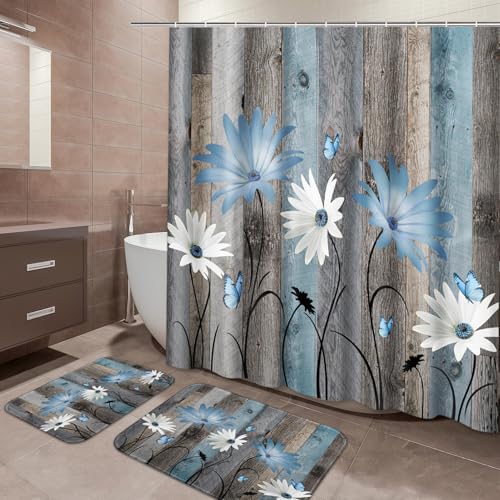 ArtSocket Blue Daisy Flowers Butterfly Bathroom Set with Shower Curtain and Bath Rugs and Accessories,Wooden Boards Non-Slip Shower Curtain Set,Bathroom Decor 3 Pcs - color: Blue Daisy Flowers
