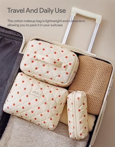 HBselect Quilted Makeup Bag, 3PCS Cotton Large Travel Makeup Bag, Cute Floral Coquette Make up Bag Cosmetic Bag Toiletry Bag for Women Girls - color: A-3PCS-Floral 15