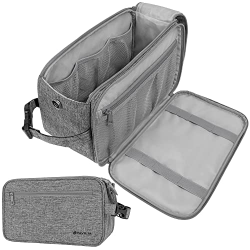 PAVILIA Toiletry Bag for Men, Travel Essentials Shaving Dopp Kit, Mens Travel Bag Toiletries Organizer Case for Grooming, PU Leather Water Resistant Cosmetic Bag Pouch (XL, Heather Grey) - color: Heather Gray, size: Extra Large (12x6x7)