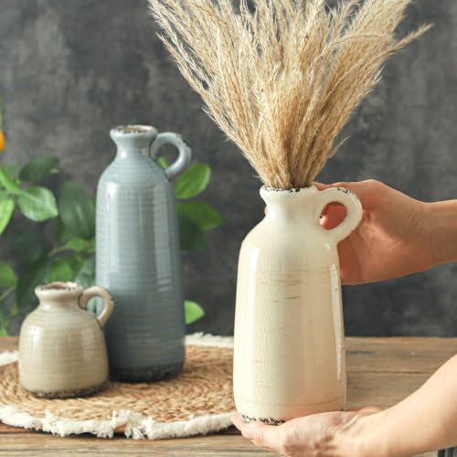 Ceramic Vases Set of 3, Neutral Rustic Farmhouse Vase with Handle, Decorative Flower Vases Home Decor Modern Boho Pampass Vase for Table Mantel Entryway Shelf Living Room Kitchen Bathroom - Ocean - color: 010 Vase Set - Ocean