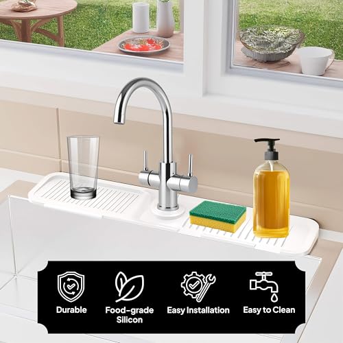 17 Inch Silicone Faucet Mat for Kitchen Sink Splash Guard & Draining Tray Sink Protector with Soap & Sponge Holder White (Purest Peak) - color: White, style: 17.7 Inch