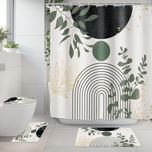 Riyidecor Boho Dark Green 4Pcs Bathroom Shower Curtain Sets Mid Century Abstract Modern Minimalist Bathroom Decor Set with Rugs and Accessories Leaf Toilet Lid Rug, Contour and Bath Mat with 12 Hooks - color: 04dark Green