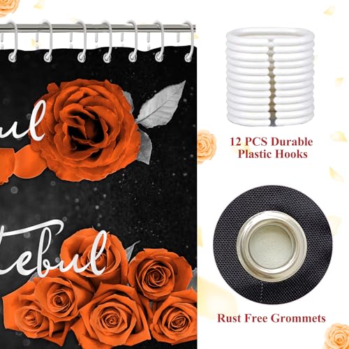 4Pcs Orange Rose Shower Curtain Sets, Thankful Grateful Blessed Bathroom Curtain with Non-slip Rug, Toliet Lid Cover, Bath Mat and 12 Hooks, Juice Flower Romantic Showy Floral Farm Fall Decor for Bath - color: Orange