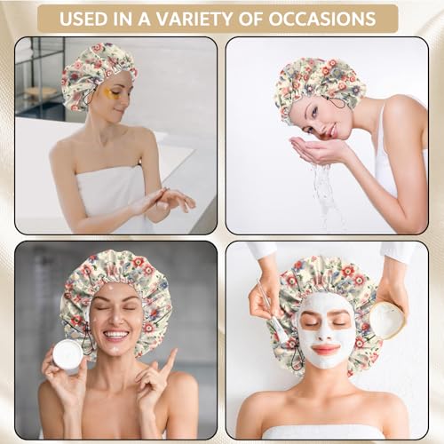 Shower Cap Adjustable Waterproof Double Layer Elastic Reusable Hair Bath Cap Cute Aesthetic for Women Girls-Pink Blue Floral - color: R7-Pink Blue Floral