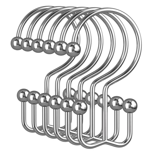 Amazer Chrome Shower Curtain Hooks, 12PCS Minimalist Simple Double Shower Curtain Rings, Rust-Resistant Metal Shower Hooks Shower Curtain Hangers, Shower Rings for Bathroom Shower Rods Curtains - color: Chrome, style: Minimalist - Double Hooks