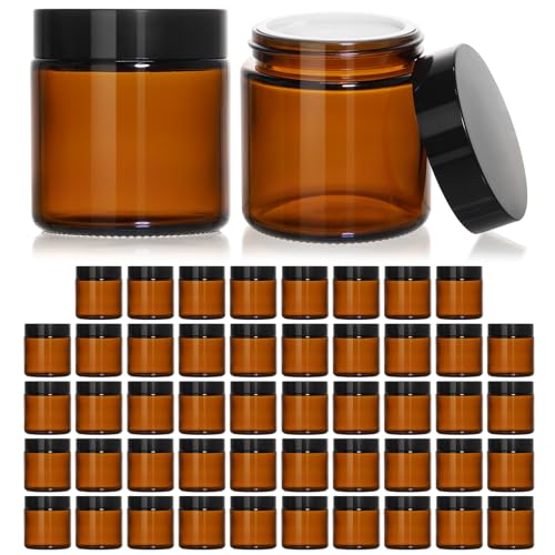 KEYWING 4oz Amber Glass Jars with Black Lids, 48 Pack Empty Cosmetic Containers Small Glass Jars with Inner Liners for Creams, Lotions, Ointments and Powders - color: Amber, size: 4oz-48Pack