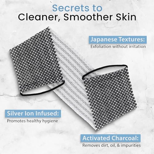 Japanese Exfoliating Washcloth for Back & Body - Charcoal & Silver Ion Exfoliating Towel with Handles - Two-Sided Gentle Exfoliation & Deep Cleansing Soft Body Wash Cloths for Shower - White - color: Charcoal White, size: 1 Count (Pack of 1)