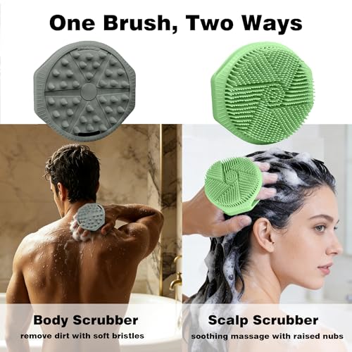 Silicone Body Scrubber for Men Women, Dual-Sided Bath Brushes Gentle Exfoliating Body Scrubber Scalp Massager for Deep Cleansing, Soft Silicone Loofah Body Washing Brushes (Gray+Green) - color: Gray+green
