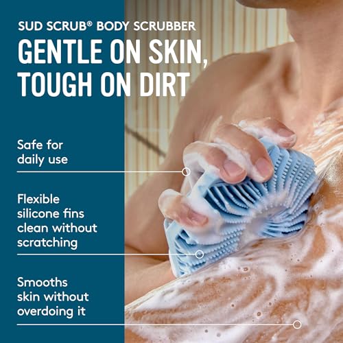Sud Scrub® Antimicrobial Silicone Body Scrubber, Exfoliating Body Brush for Sensitive Skin, Antibacterial Shower Scrubber for Body, Bathroom Essentials for Men & Women, Blue - color: Blue