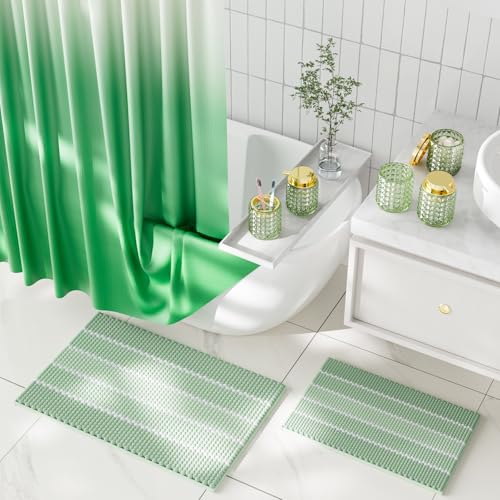 XLHOMO Bathroom Sets with Shower Curtain and Rugs and Accessories, Glass Bathroom Accessories Set Green Bathroom Set Bathroom Sets, Green Bath Mat and Diamond Soap Dispenser for Bathroom Decor - size: Bath Set+Shower Curtain+Bath Rugs