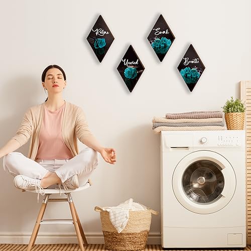 ONIZHITY Set of 4 Rose Wooden Wall Decor - Turquoise & Teal Bathroom & Office Signs (12 x 7) - Breathe, Soak, Unwind, Relax - color: Teal Rose